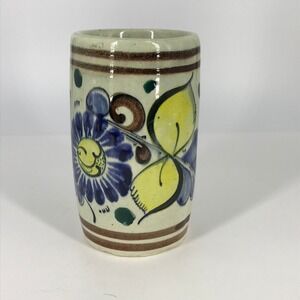 VTG Tonala Mexican Pottery Cup Vase Hand Painted Flower Signed Blue Brown 5" A2